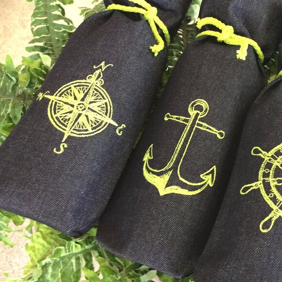 Wine Bags, 3 Custom Denim Wine Bags Nautical Coastal Boat Yacht Sailboat Gift - Picture 2 of 3